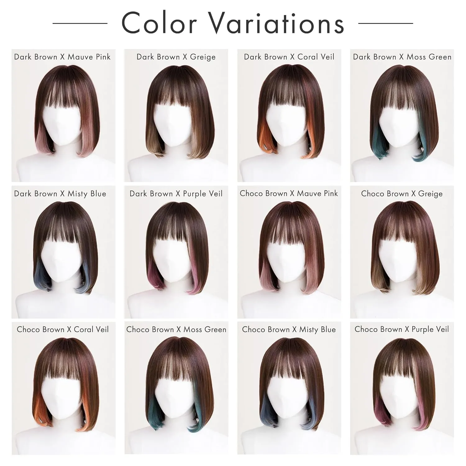 Synthetic Hair Inner Color Casual Bob Wig - Glueless, Heat-Resistant, Natural Crown & Comfortable Stretch Cap (Dark Brown & Moss Green, M)