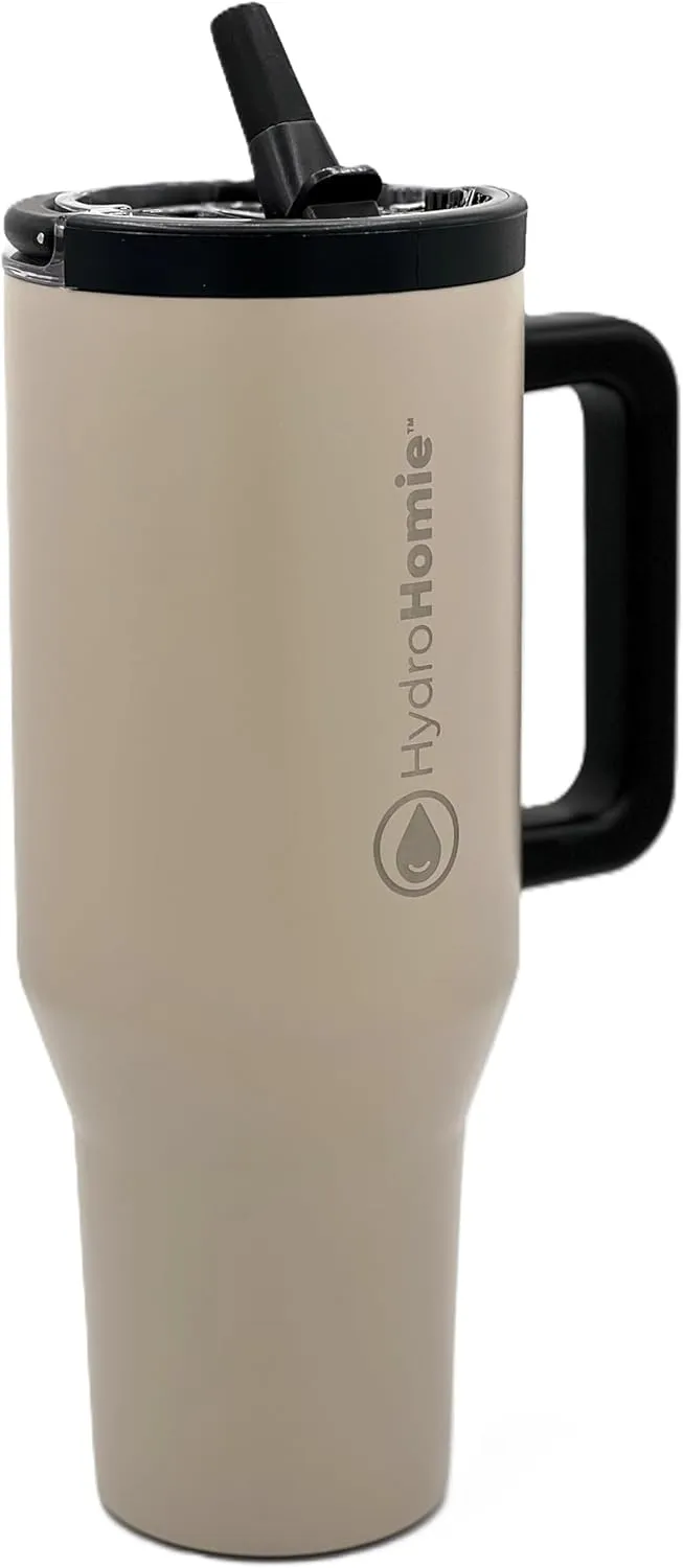 The Nomad 40oz Tumbler – Flip Straw Lid with Handle and Rubber Base, Travel Car Cup Holder Friendly and 100% Leak Resistant - Tan   Black