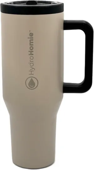 The Nomad 40oz Tumbler – Flip Straw Lid with Handle and Rubber Base, Travel Car Cup Holder Friendly and 100% Leak Resistant - Tan   Black