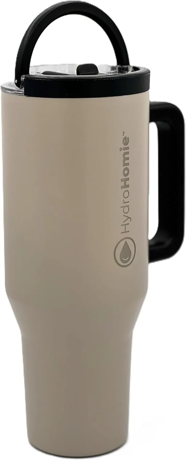 The Nomad 40oz Tumbler – Flip Straw Lid with Handle and Rubber Base, Travel Car Cup Holder Friendly and 100% Leak Resistant - Tan   Black