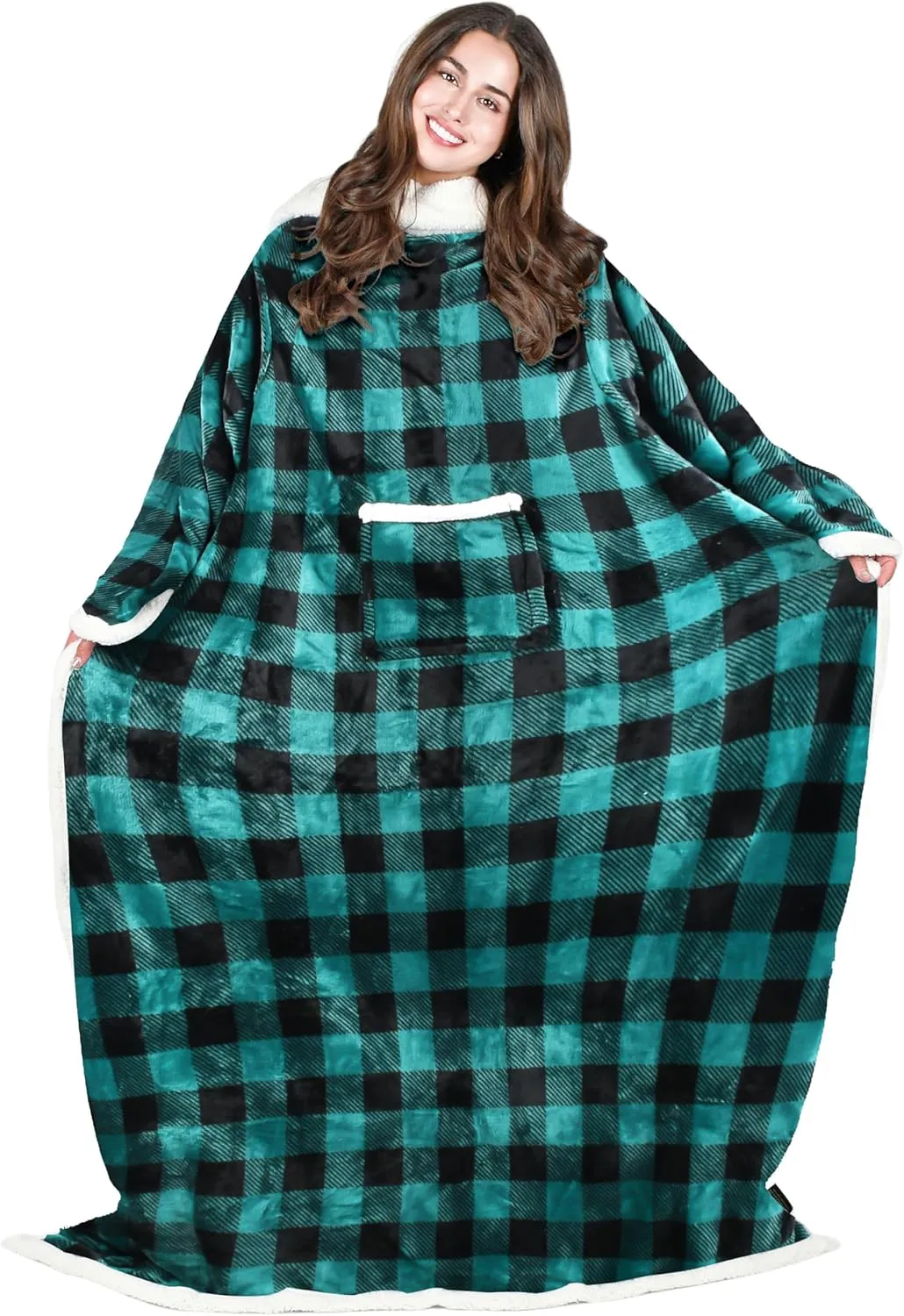 Tirrinia Sherpa Wearable Blanket with Sleeves, Full Body Throw Reading Wrap TV Blankets, Cozy Blanket Robe, Snuggle Gift for Adult Women Men Mom Grandma