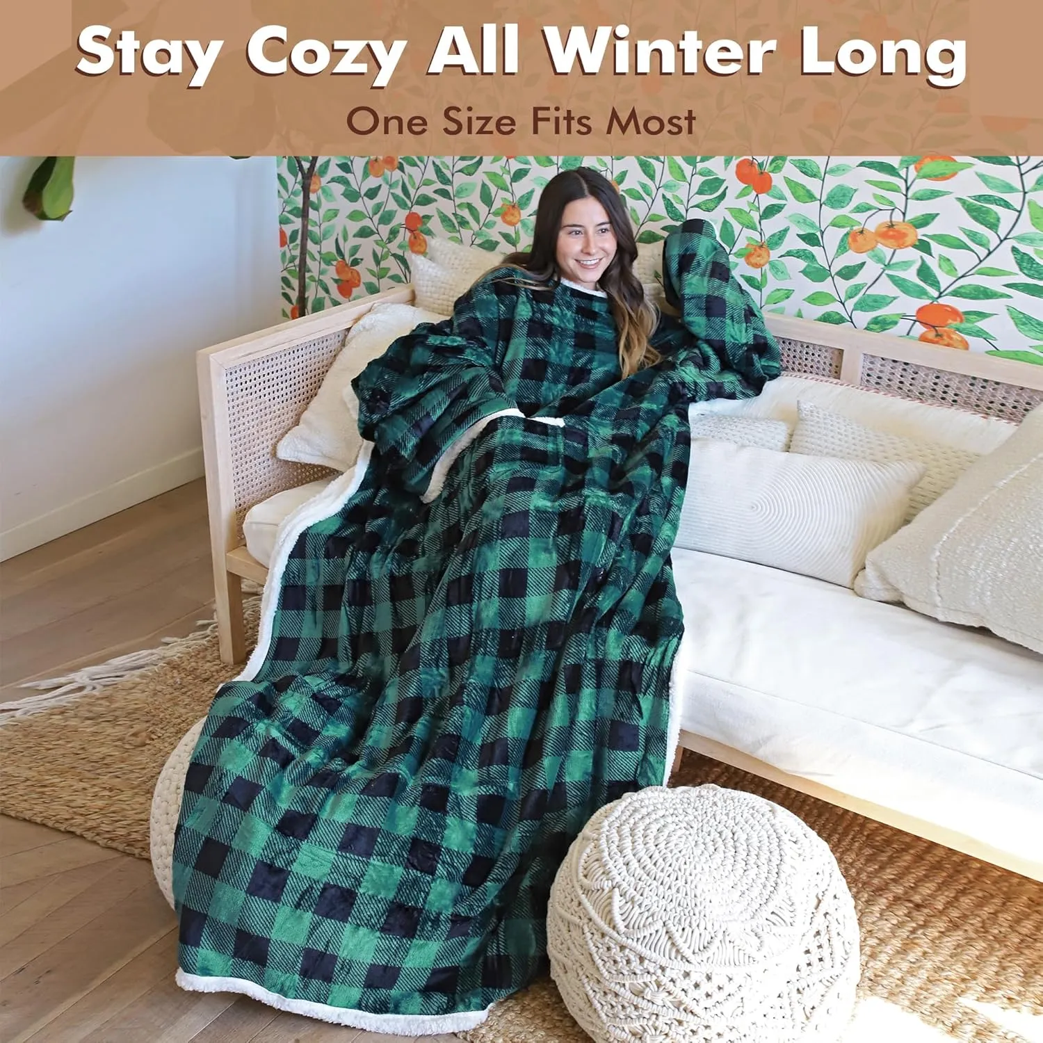 Tirrinia Sherpa Wearable Blanket with Sleeves, Full Body Throw Reading Wrap TV Blankets, Cozy Blanket Robe, Snuggle Gift for Adult Women Men Mom Grandma