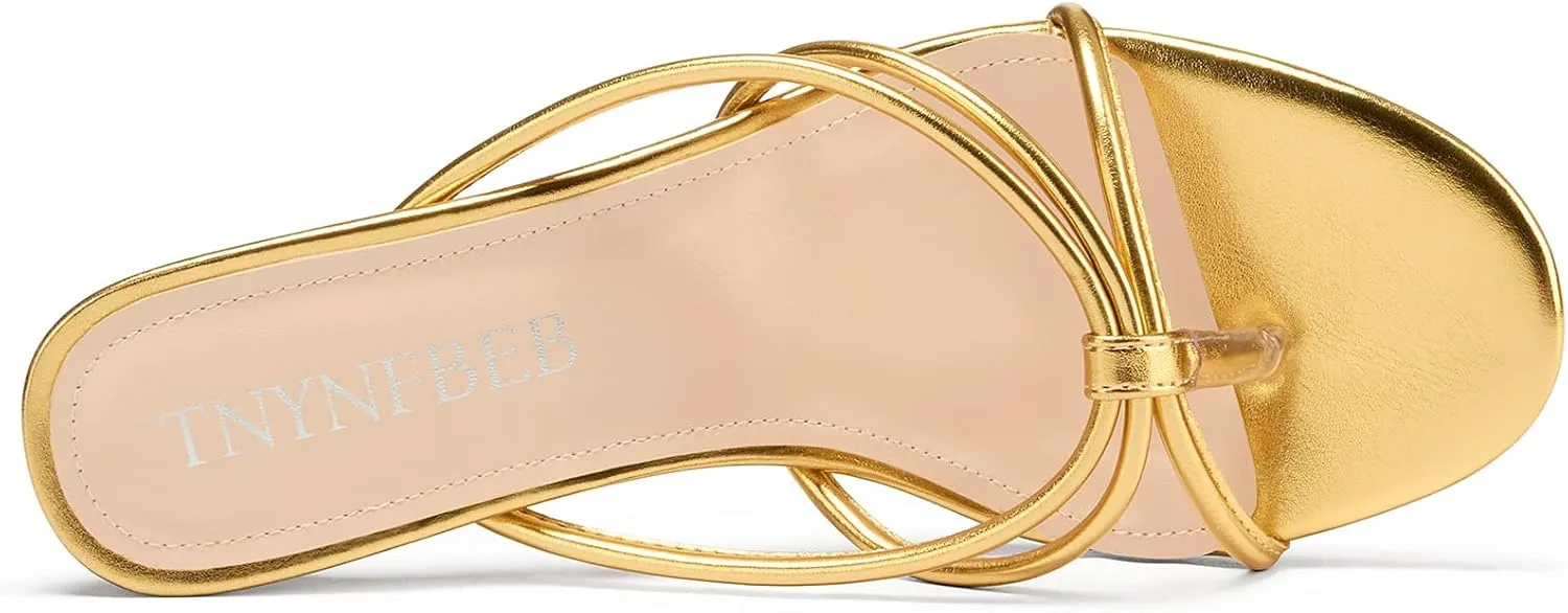 TNYNFBEB Women's Round Toe Flip Flop Strappy Mule Heels Slip-on Kitten Heel Thong Sandals Summer Dress Shoes 2.6 Inches