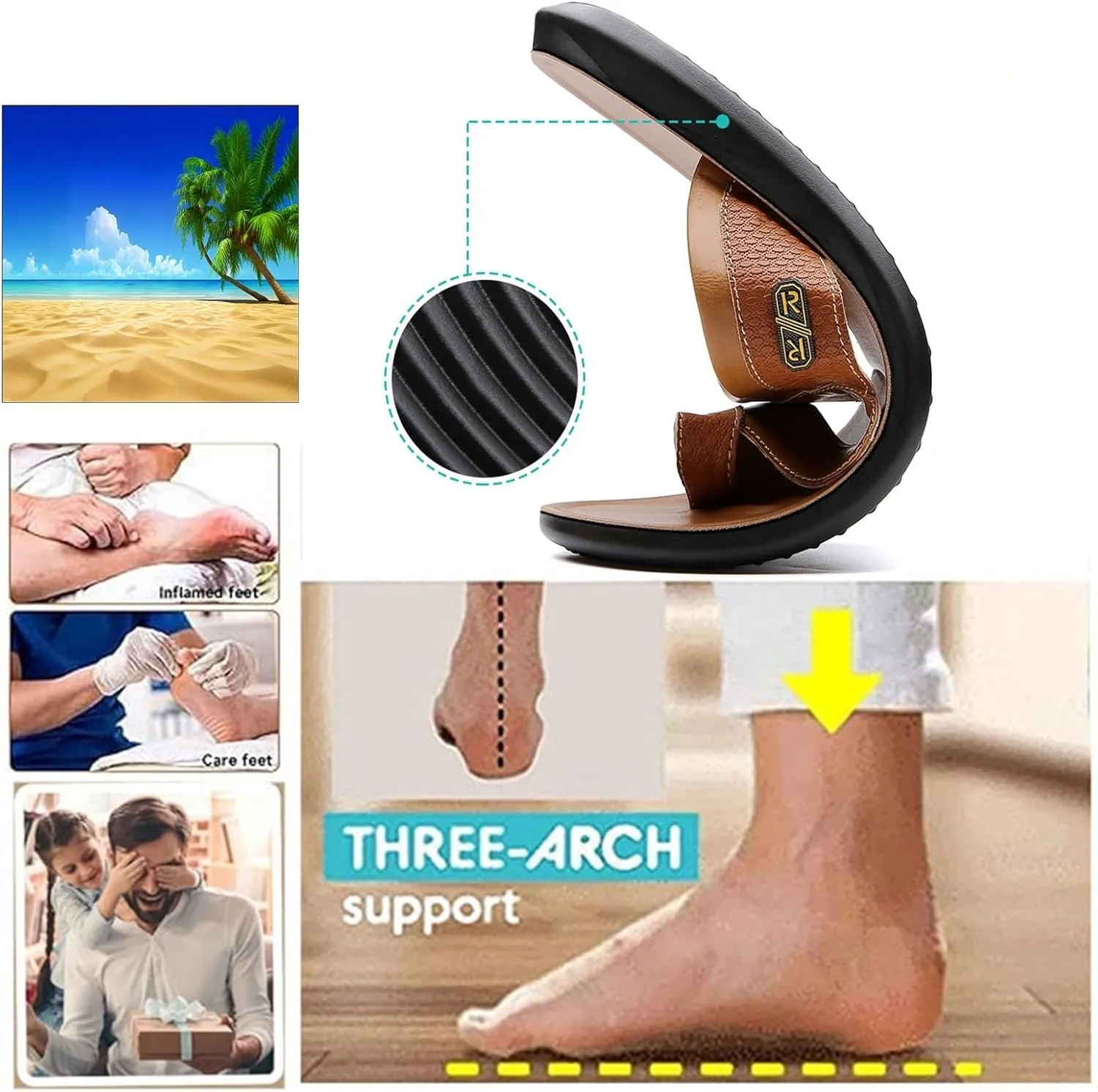 Toe Loop Sandals, Summer Slip on Breathable Leather Bunion Corrector Sandals for Men, Soft Non-Slip Foot Correction Flat Flip Flops, Arch of Foot, Correction for Groomsman Men Boss