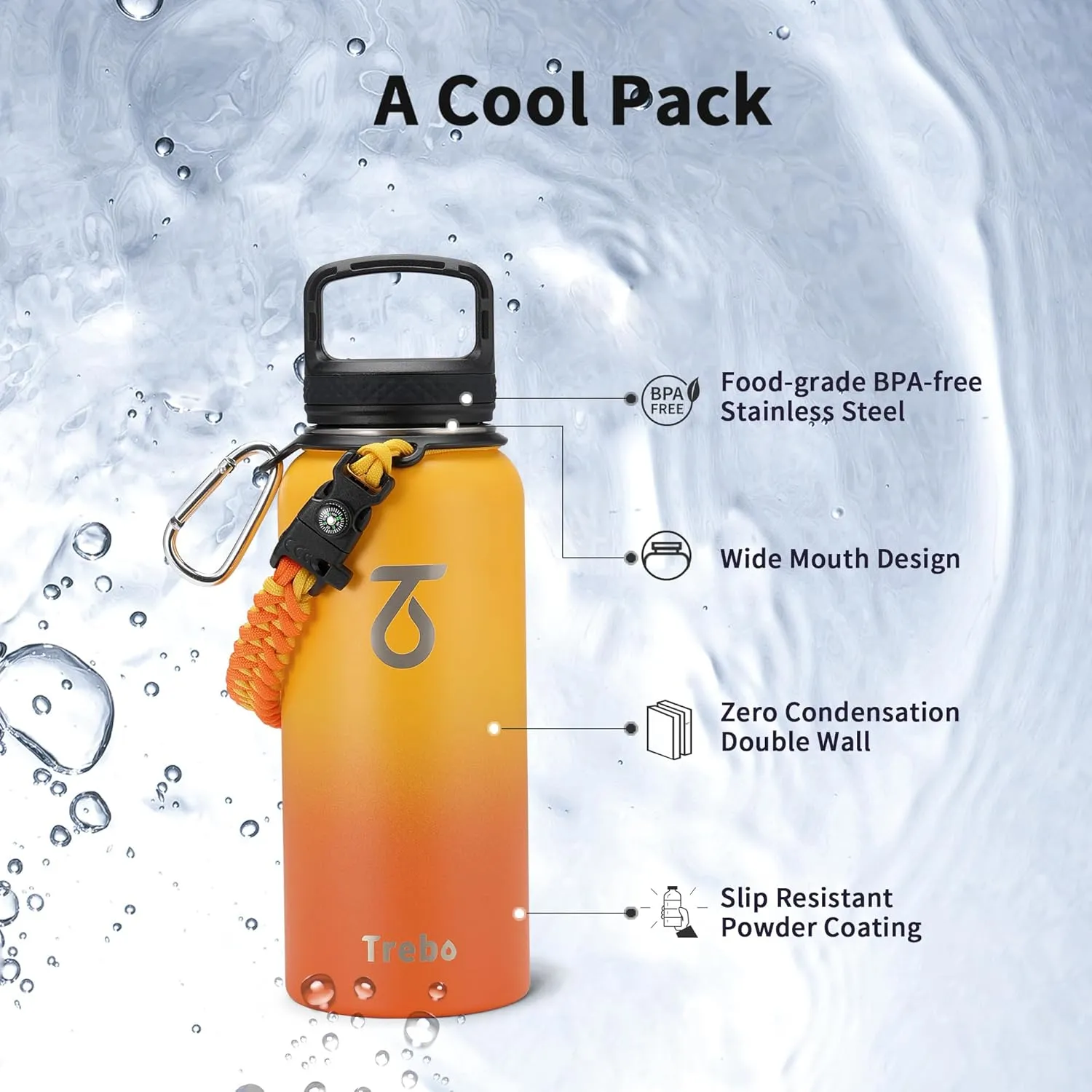 Trebo 32oz Water Bottle Insulated with Lid and Straw,Double Wall Vacuum Stainless Steel Metal Tumbler Sports Flask with Paracord Handle, Keep Hot 24 Hours & Cold 48 Hours Water Cup with 3 Lids, Orange