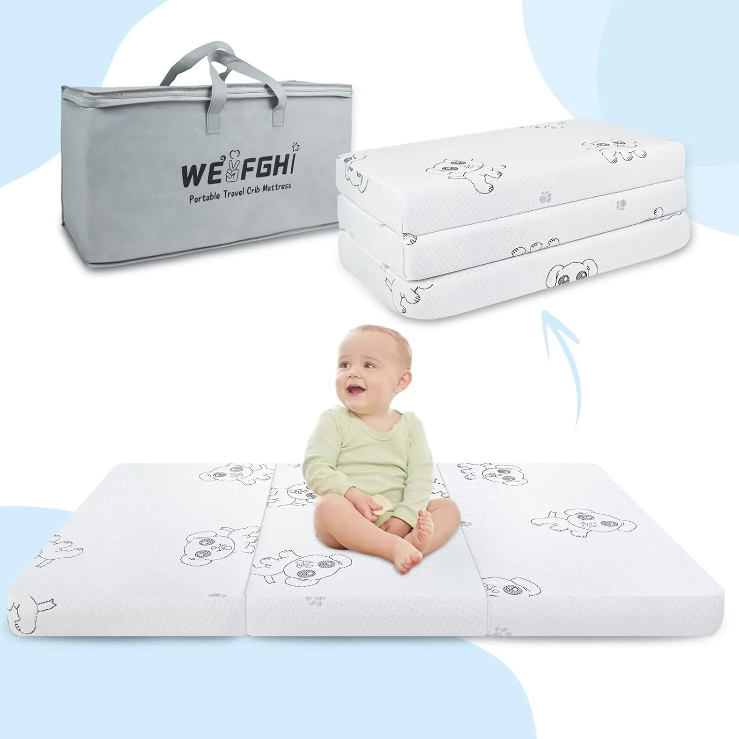 Trifold Pack and Play Mattress, 38x26 Pack n Play Mattresses with Removable Washable Cover, Breathable Memory Foam Crib Playpen Mattress Pad for Baby Toddler, Portable with Travel Bag