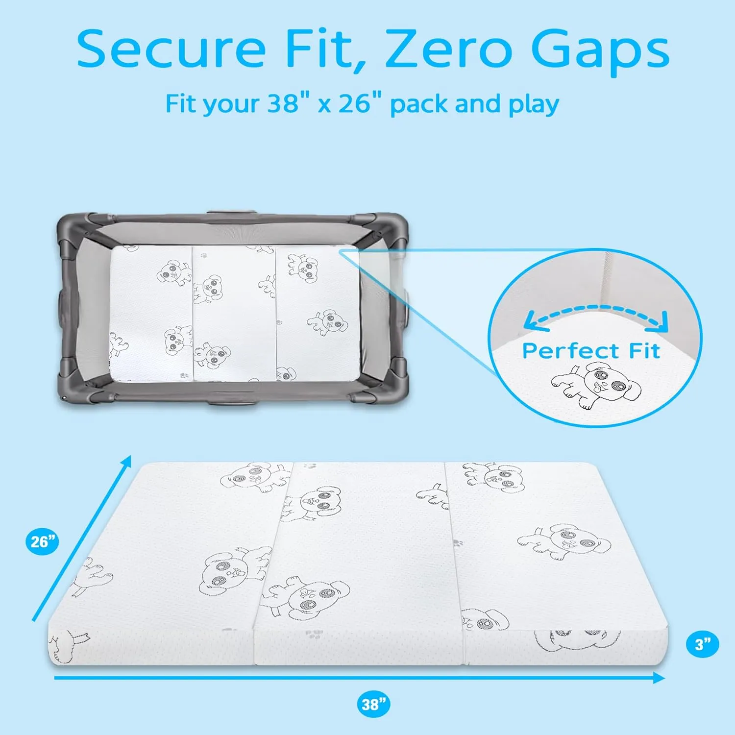 Trifold Pack and Play Mattress, 38x26 Pack n Play Mattresses with Removable Washable Cover, Breathable Memory Foam Crib Playpen Mattress Pad for Baby Toddler, Portable with Travel Bag