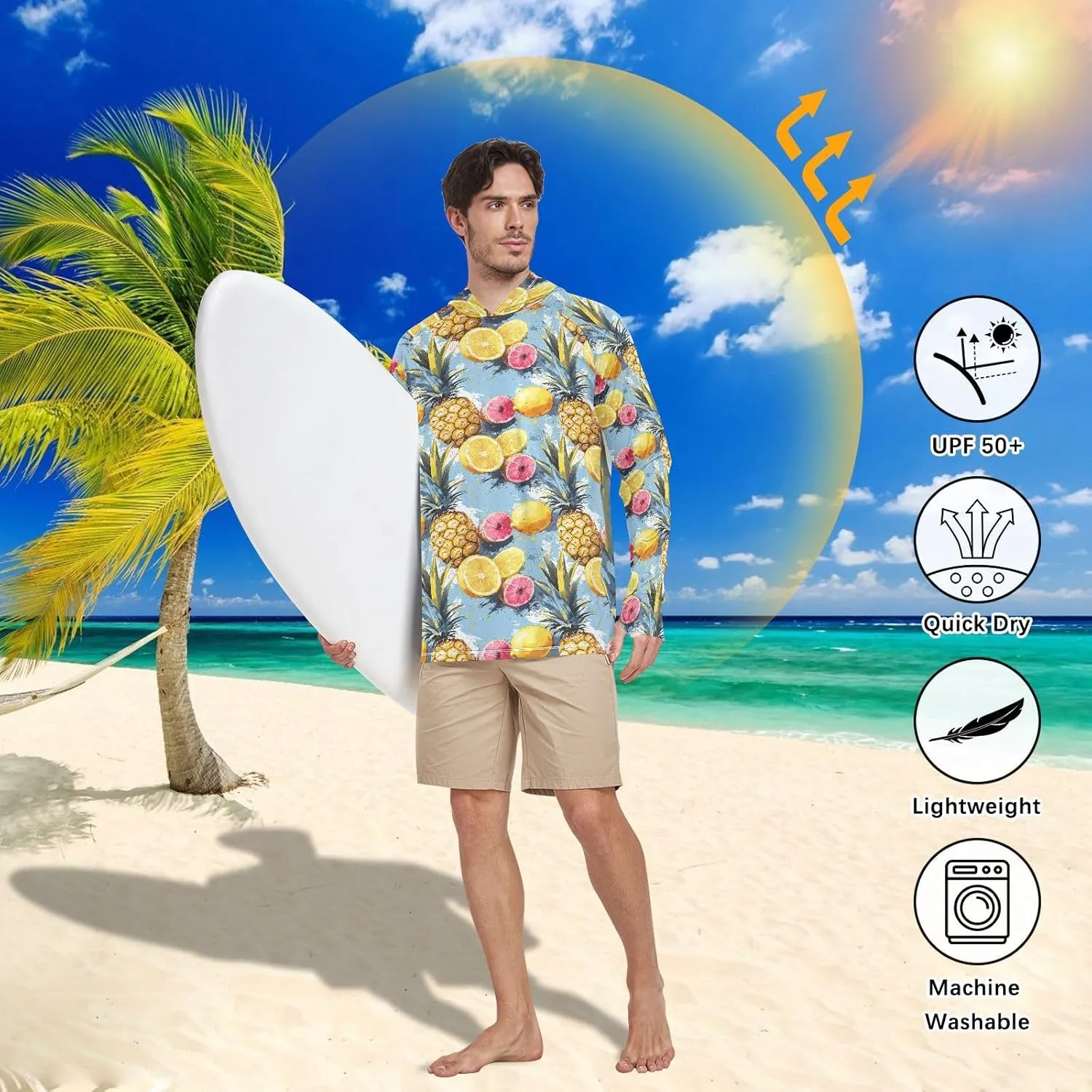 Tropical Fruits Mens Sun Shirts Protection Long Sleeve Fishing Shirt UPF 50  Sailing Rash Guard Rash Guard for Men