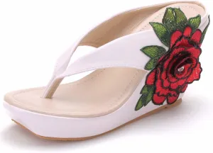 UGOSELEC Women Y2K Flower Platform Wedge Flip Flops,Bohemian Embroidered Flower Arch Support Heeled Flip Flops Beach Sandals Wedge Sandals