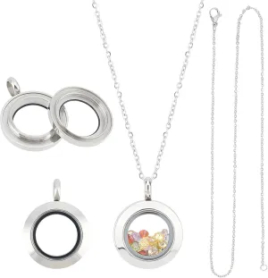 UNICRAFTALE about 2pcs Stainless Steel Floating Locket Pendants Crystal Double Sided Frame Memory Locket Charm Glass Container Memory Flat Round Charm with 450mm Necklace for Jewelry Making