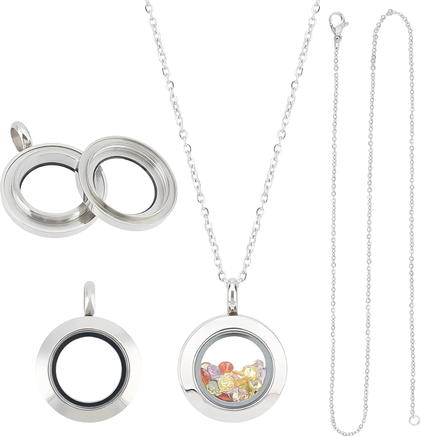 UNICRAFTALE about 2pcs Stainless Steel Floating Locket Pendants Crystal Double Sided Frame Memory Locket Charm Glass Container Memory Flat Round Charm with 450mm Necklace for Jewelry Making