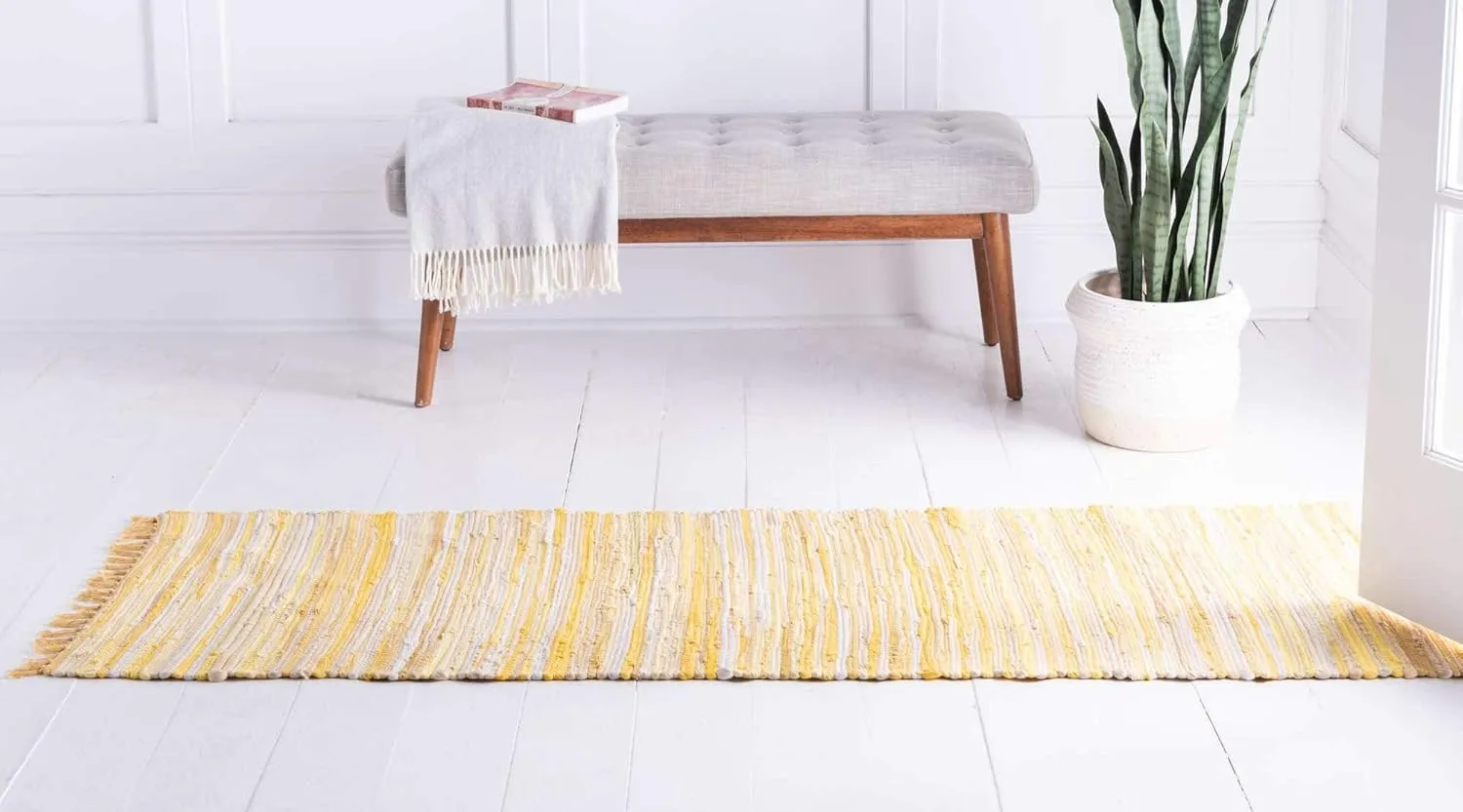 Unique Loom Chindi Cotton Collection Soft Hand Woven Natural Fiber Striped Area Rug, 2 ft 2 in x 6 ft 7 in, Yellow/Ivory