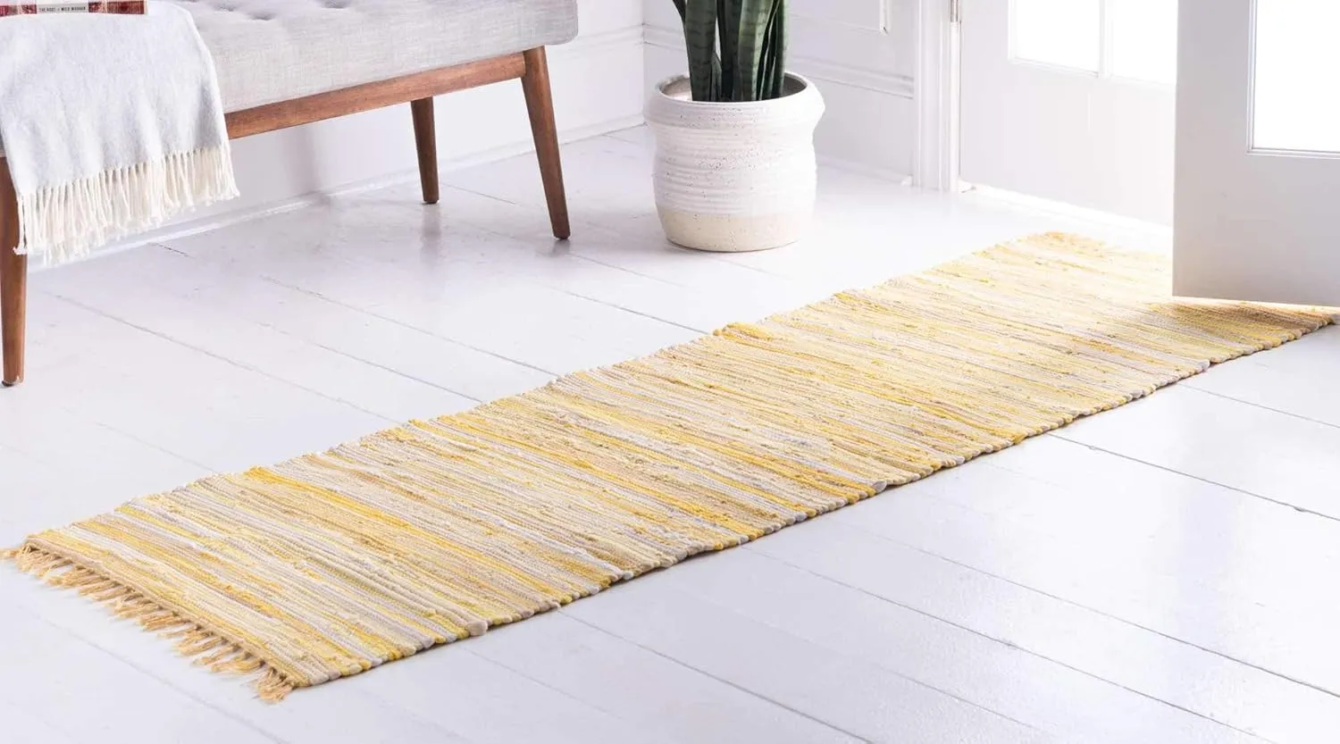 Unique Loom Chindi Cotton Collection Soft Hand Woven Natural Fiber Striped Area Rug, 2 ft 2 in x 6 ft 7 in, Yellow/Ivory