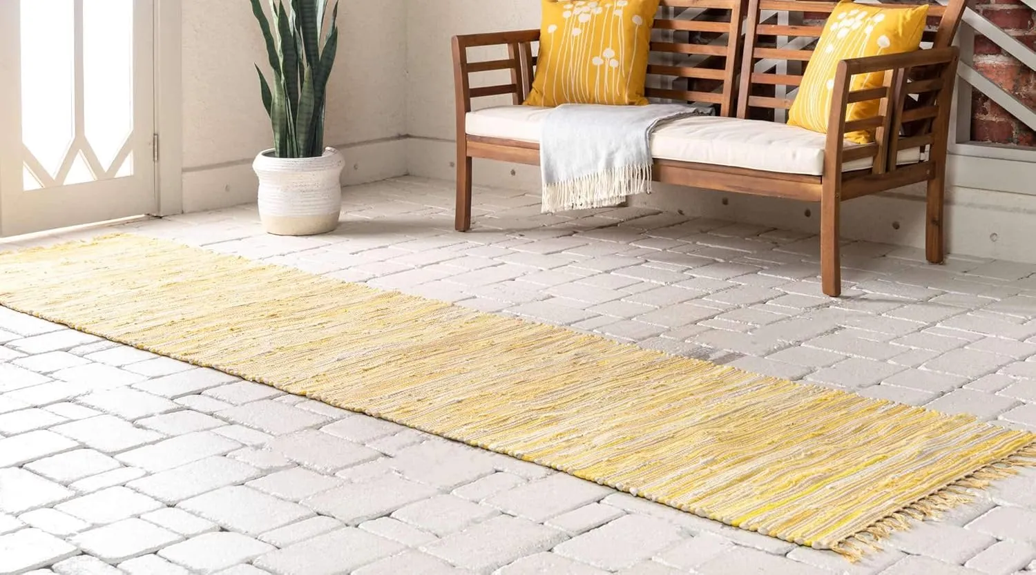 Unique Loom Chindi Cotton Collection Soft Hand Woven Natural Fiber Striped Area Rug, 2 ft 2 in x 6 ft 7 in, Yellow/Ivory