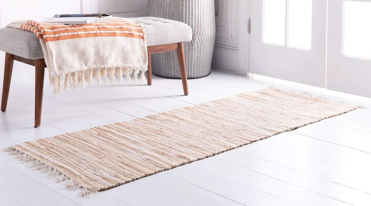 Unique Loom Chindi Cotton Collection Soft Hand Woven Natural Fiber Striped Area Rug, 2 ft x 6 ft, Beige/Ivory
