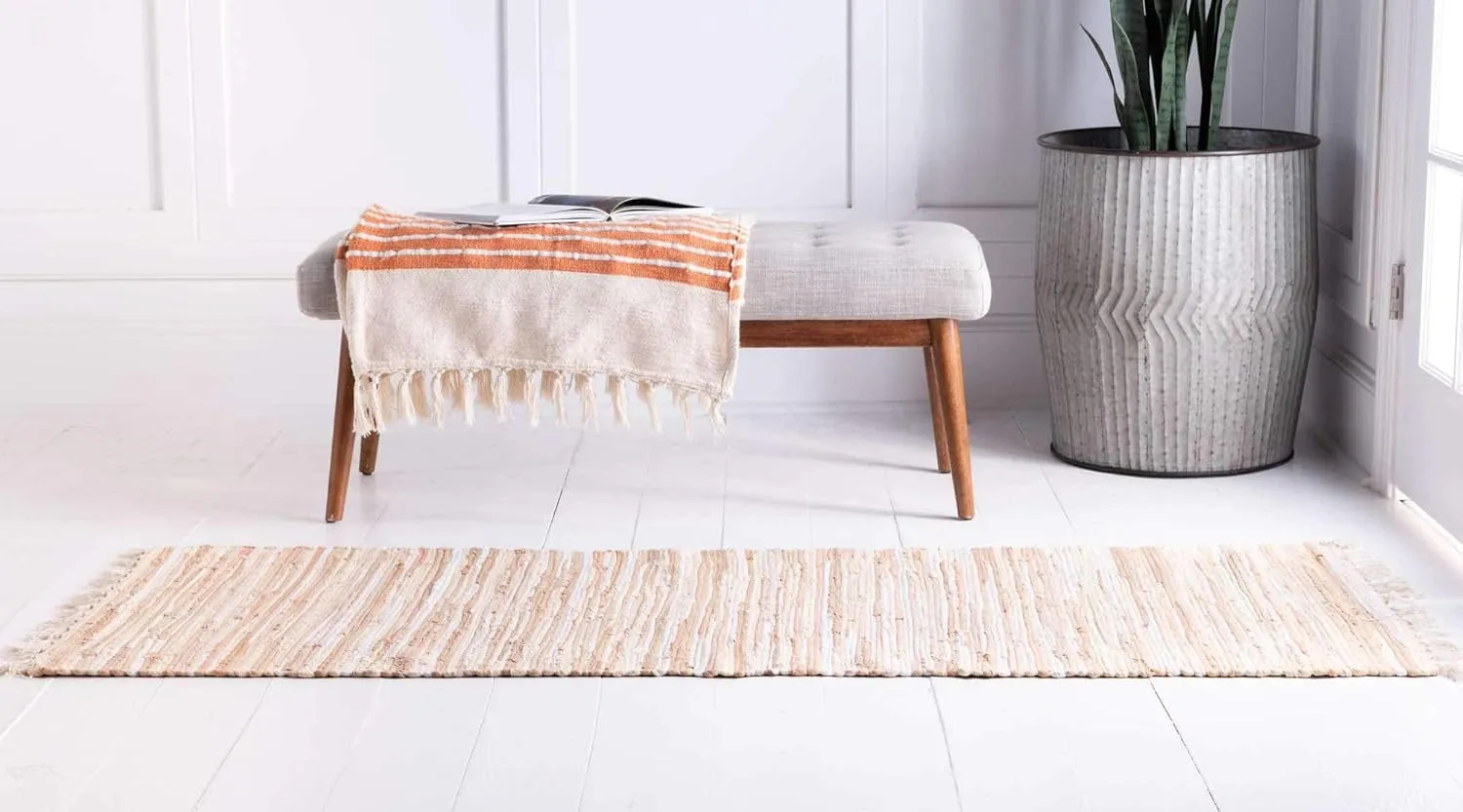 Unique Loom Chindi Cotton Collection Soft Hand Woven Natural Fiber Striped Area Rug, 2 ft x 6 ft, Beige/Ivory