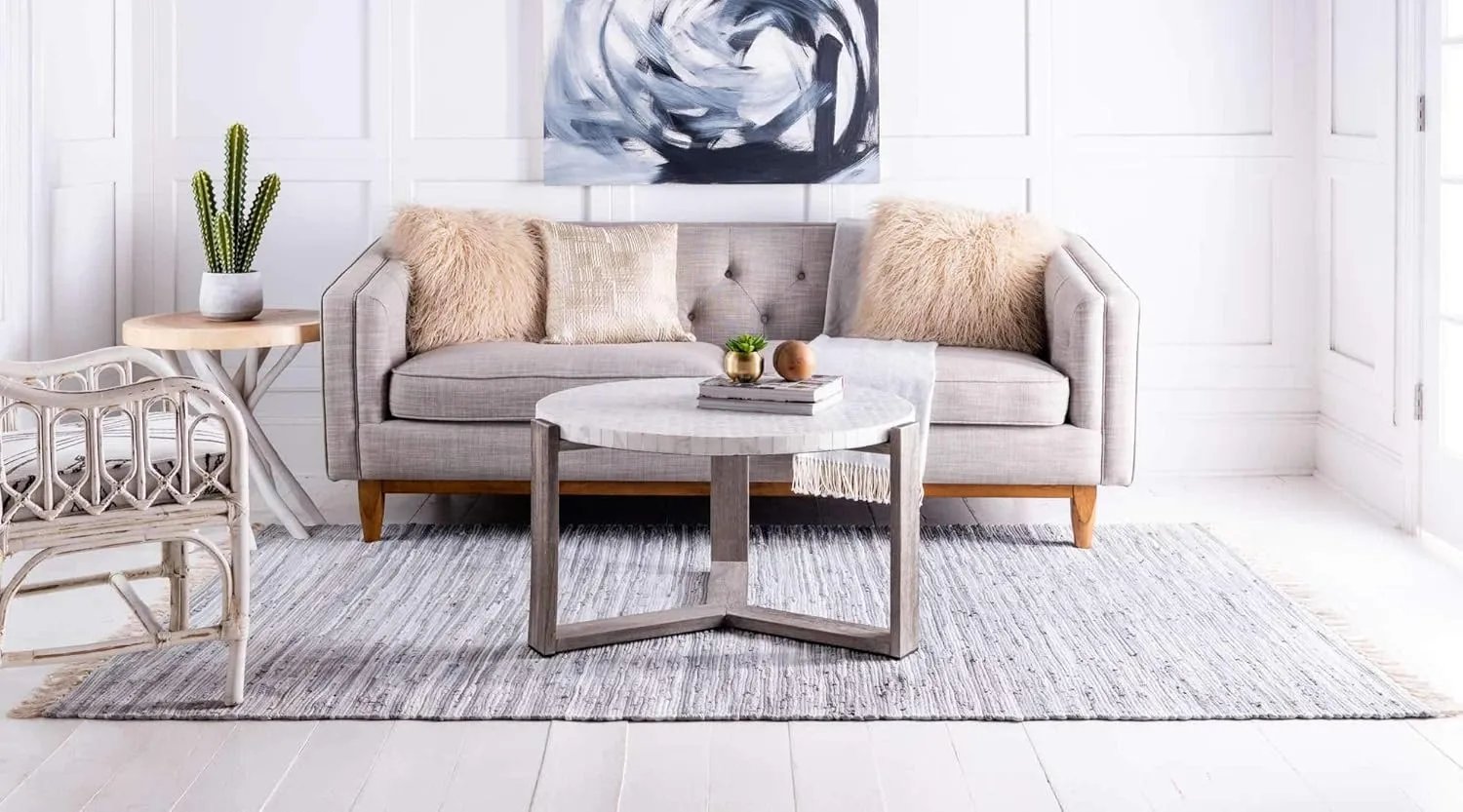 Unique Loom Chindi Cotton Collection Soft Hand Woven Natural Fiber Striped Area Rug, 8 ft x 10 ft, Gray/Ivory