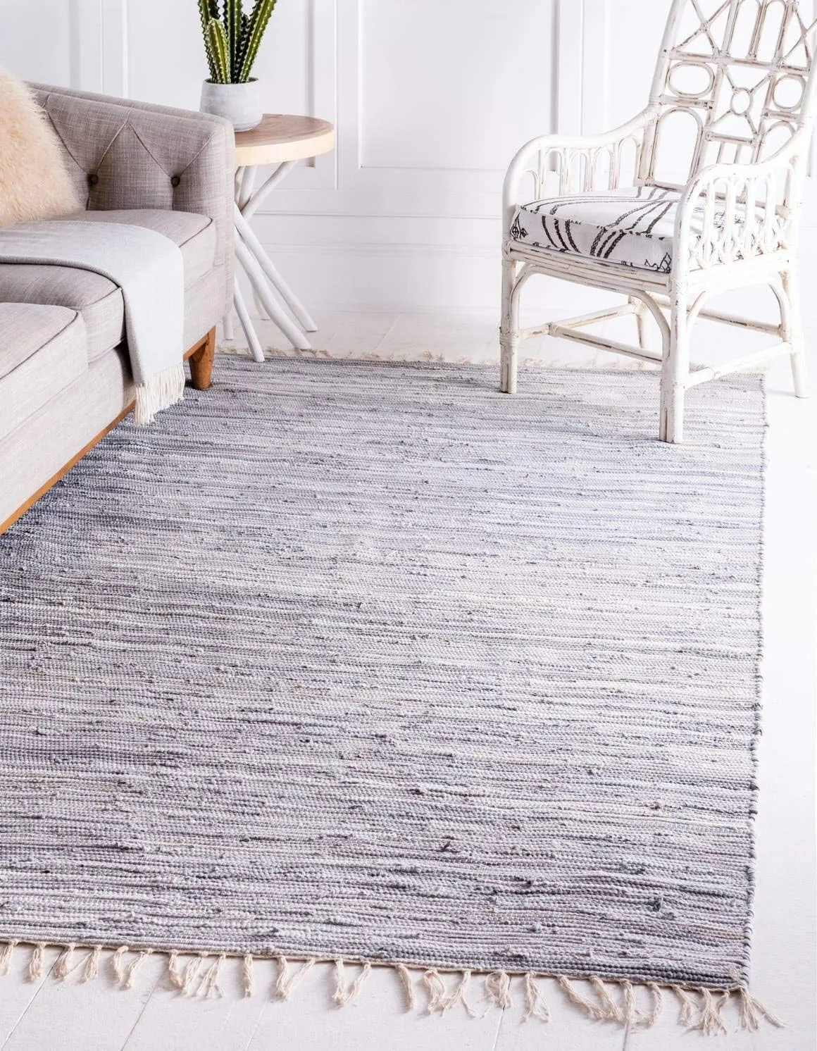 Unique Loom Chindi Cotton Collection Soft Hand Woven Natural Fiber Striped Area Rug, 8 ft x 10 ft, Gray/Ivory