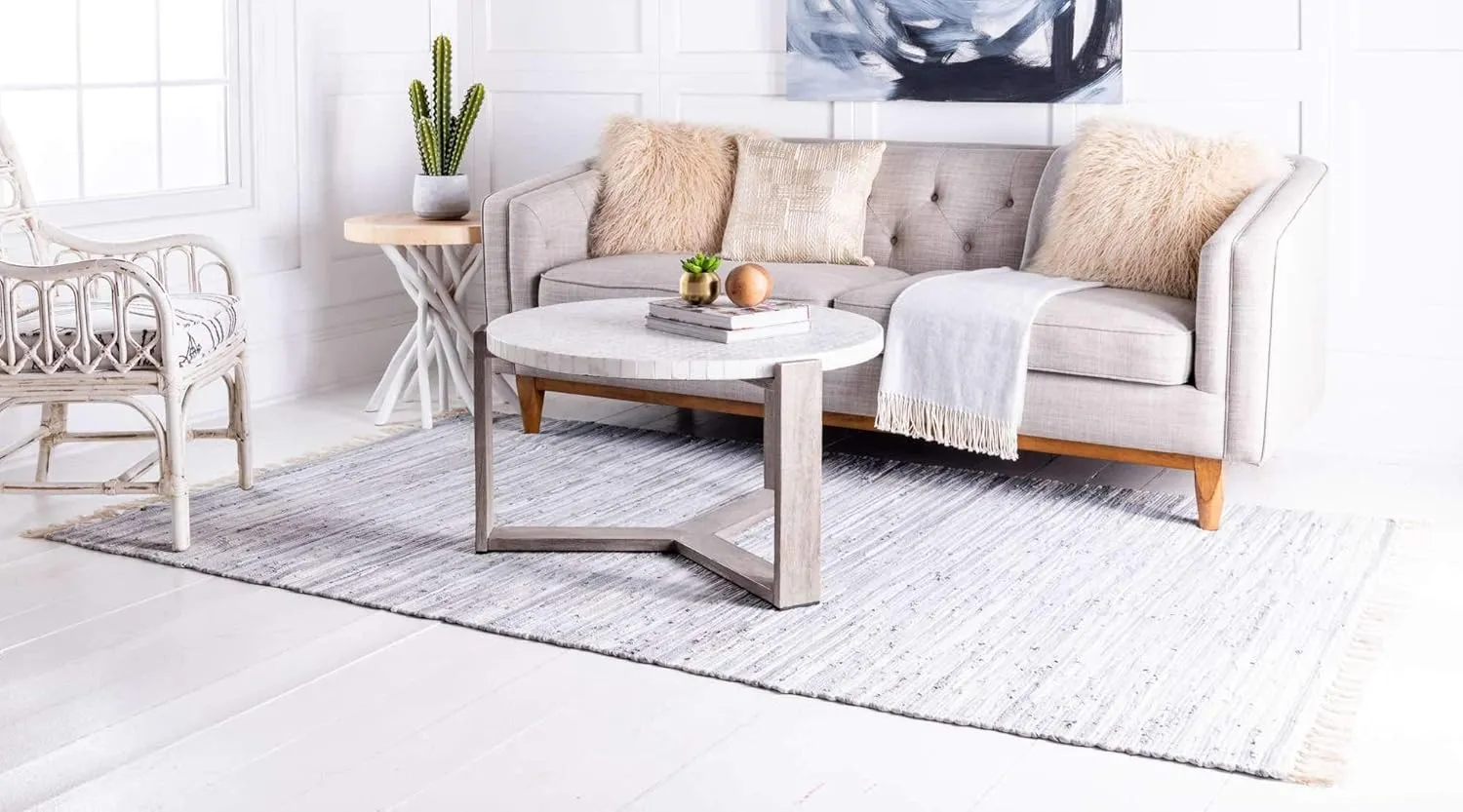 Unique Loom Chindi Cotton Collection Soft Hand Woven Natural Fiber Striped Area Rug, 8 ft x 10 ft, Gray/Ivory