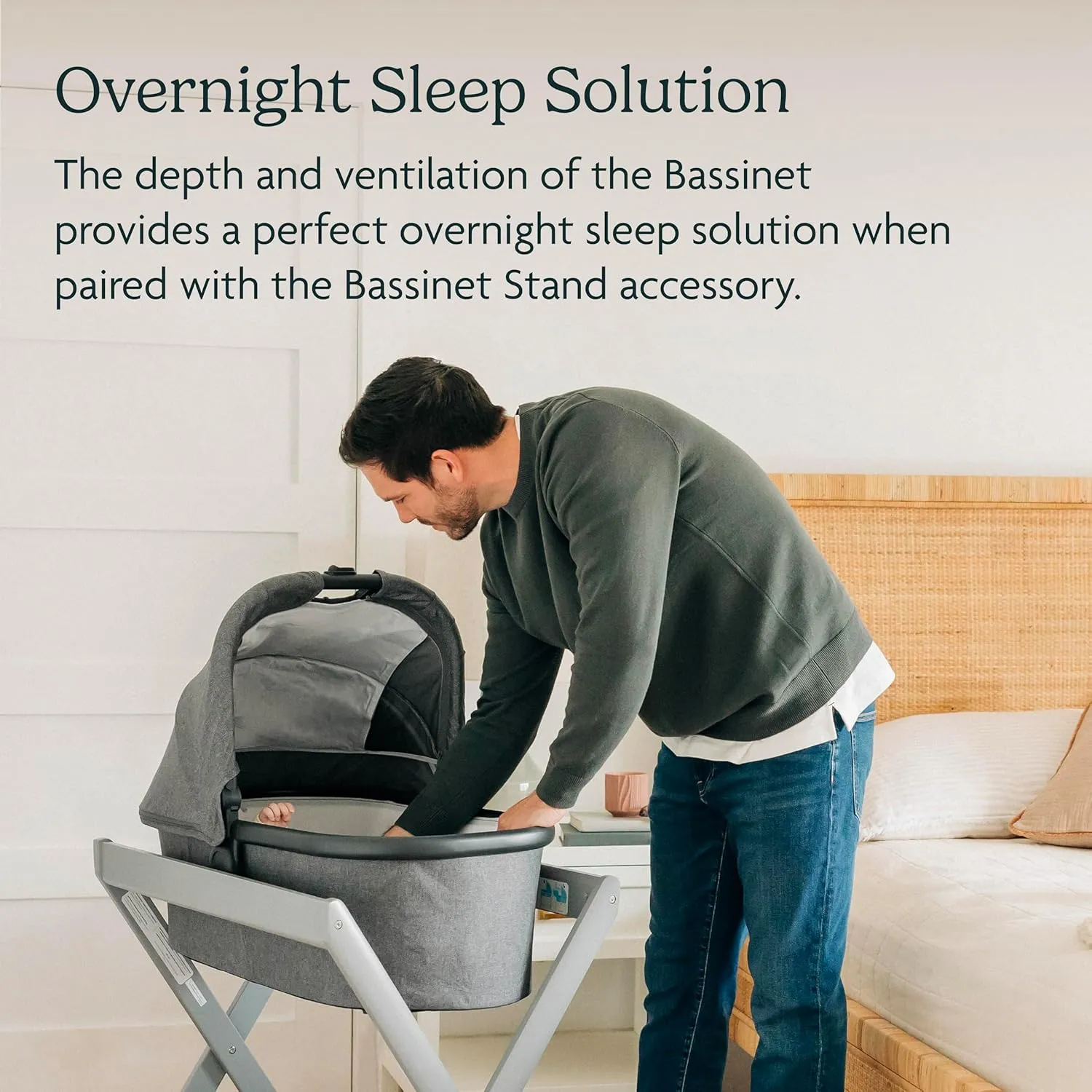 UPPAbaby Bassinet/Compatible with Vista, Cruz, Ridge, Minu Strollers/Overnight Sleep Solution/Mattress, Sheet, and Bug Shield Included/Anthony (White and Grey Chenille/Carbon Frame)