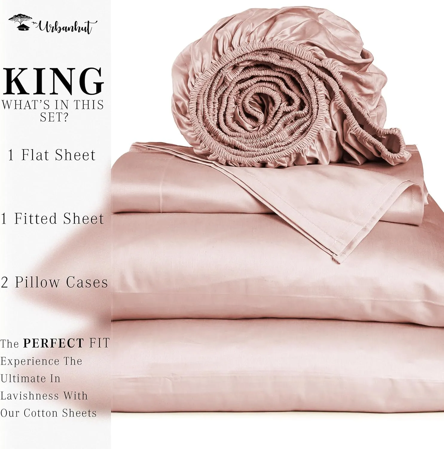 URBANHUT 1000 Thread Count Egyptian Cotton King Sheets, Long Staple Soft & Breathable, 4 Pc Bed Sheet Sets, Luxury Hotel Sateen Sheets Fits 16" Deep Pocket - Blush Pink
