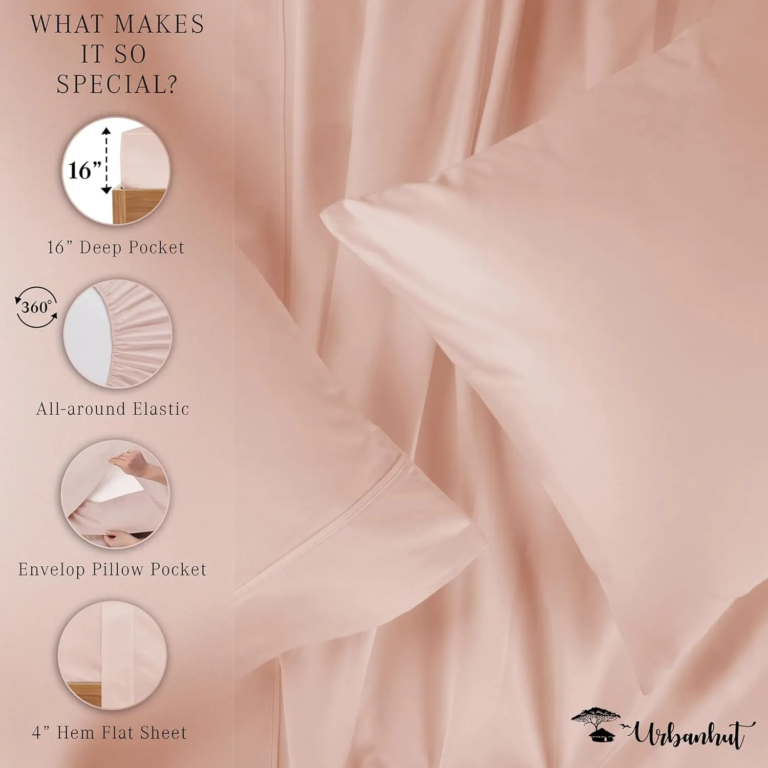 URBANHUT 1000 Thread Count Egyptian Cotton King Sheets, Long Staple Soft & Breathable, 4 Pc Bed Sheet Sets, Luxury Hotel Sateen Sheets Fits 16" Deep Pocket - Blush Pink