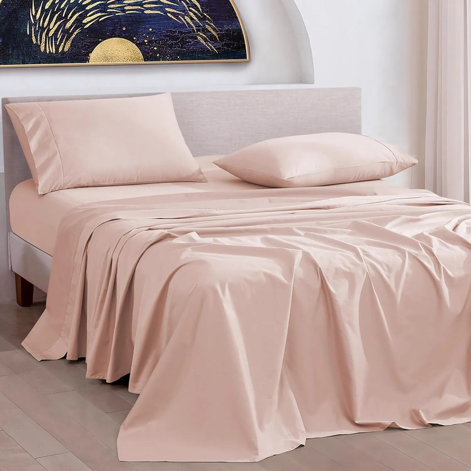 URBANHUT 1000 Thread Count Egyptian Cotton King Sheets, Long Staple Soft & Breathable, 4 Pc Bed Sheet Sets, Luxury Hotel Sateen Sheets Fits 16" Deep Pocket - Blush Pink