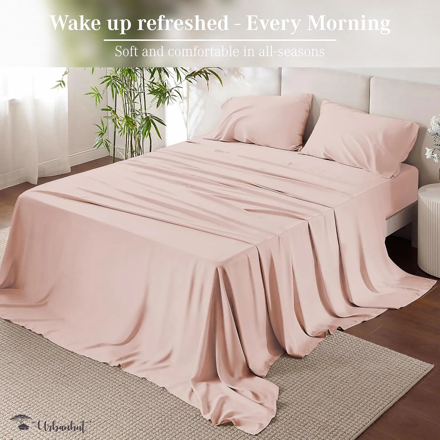 URBANHUT 1000 Thread Count Egyptian Cotton King Sheets, Long Staple Soft & Breathable, 4 Pc Bed Sheet Sets, Luxury Hotel Sateen Sheets Fits 16" Deep Pocket - Blush Pink