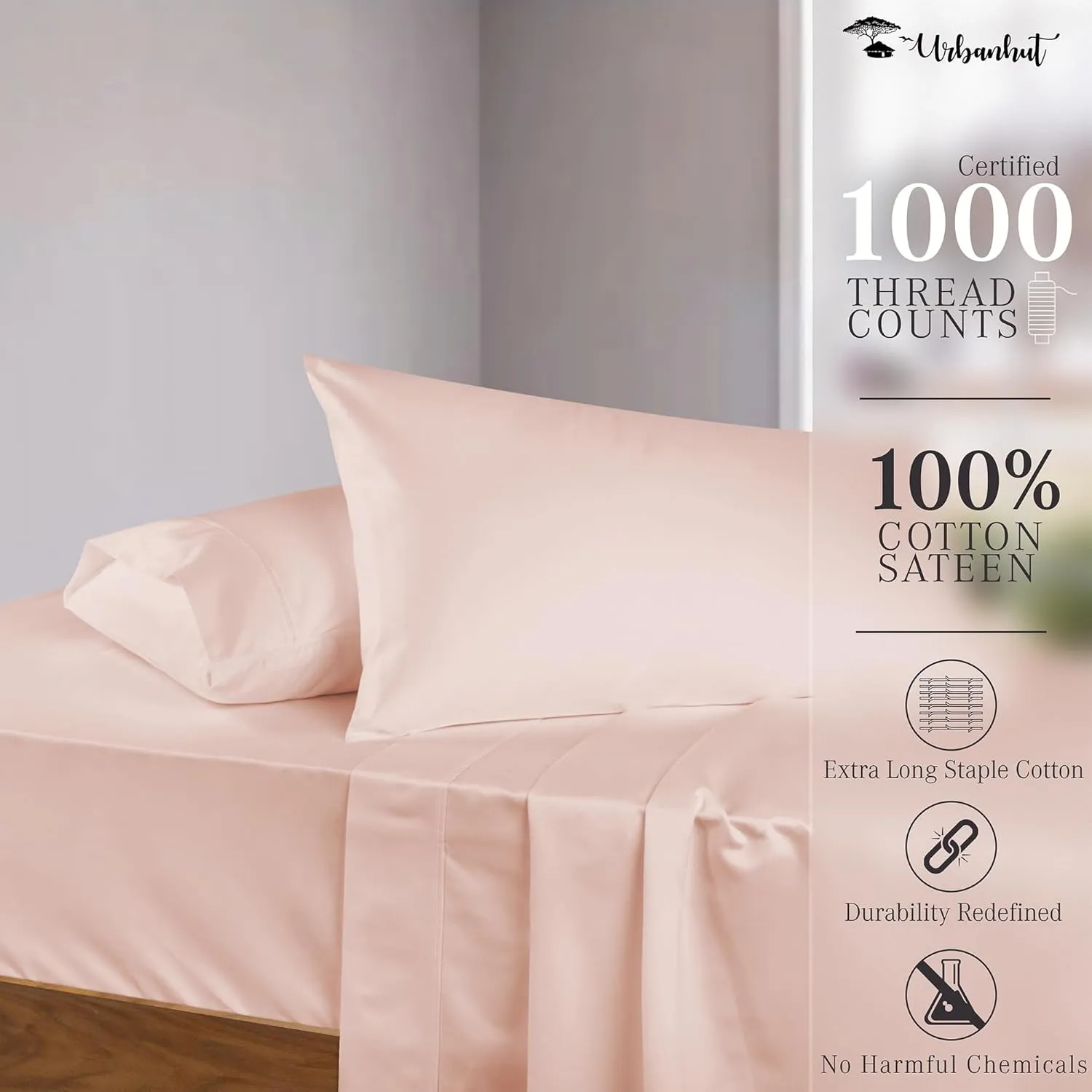 URBANHUT 1000 Thread Count Egyptian Cotton King Sheets, Long Staple Soft & Breathable, 4 Pc Bed Sheet Sets, Luxury Hotel Sateen Sheets Fits 16" Deep Pocket - Blush Pink
