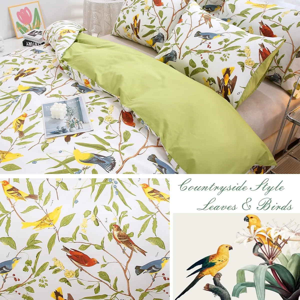 URBONUR 100% Cotton Percale Duvet Cover Set Queen Size 3 PCS Soft Breathable Botanical Bedding Set Green Leaves and Birds Printed on White Duvet Cover, Corner Ties Button Closure