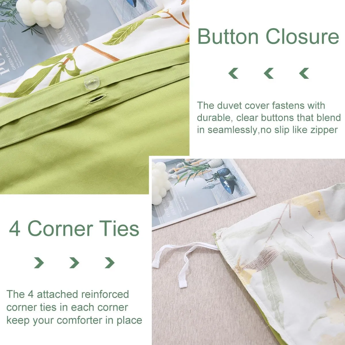 URBONUR 100% Cotton Percale Duvet Cover Set Queen Size 3 PCS Soft Breathable Botanical Bedding Set Green Leaves and Birds Printed on White Duvet Cover, Corner Ties Button Closure