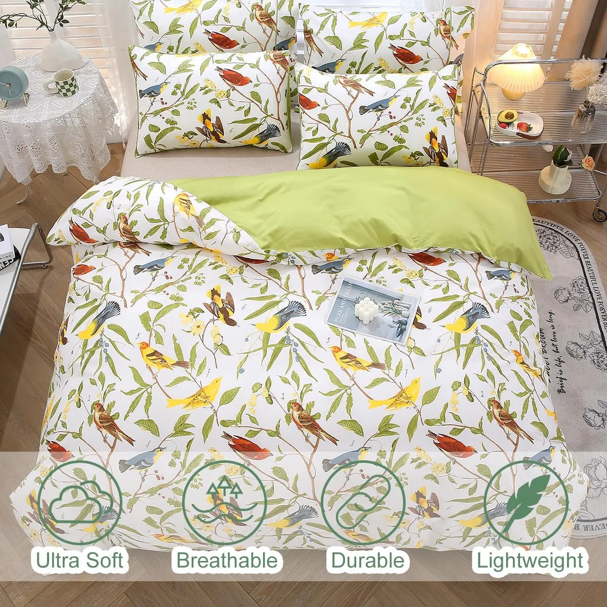 URBONUR 100% Cotton Percale Duvet Cover Set Queen Size 3 PCS Soft Breathable Botanical Bedding Set Green Leaves and Birds Printed on White Duvet Cover, Corner Ties Button Closure