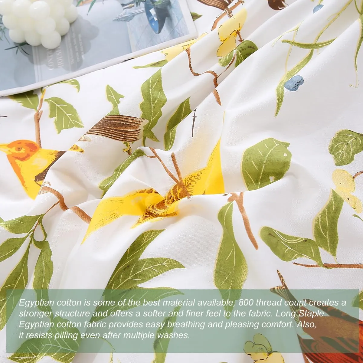 URBONUR 100% Cotton Percale Duvet Cover Set Queen Size 3 PCS Soft Breathable Botanical Bedding Set Green Leaves and Birds Printed on White Duvet Cover, Corner Ties Button Closure