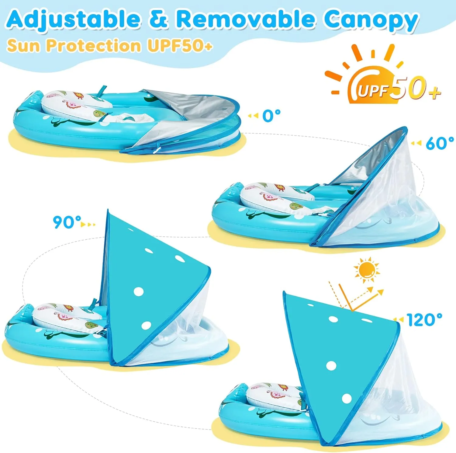 URMYWO Baby Pool Float with Removable UPF50  Sun Protection Canopy, Baby Floats for Pool 6-12-24 Months Infant Toddler, Durable Baby Swim Float with Adjustable Seat, Extra Wide, Breathable