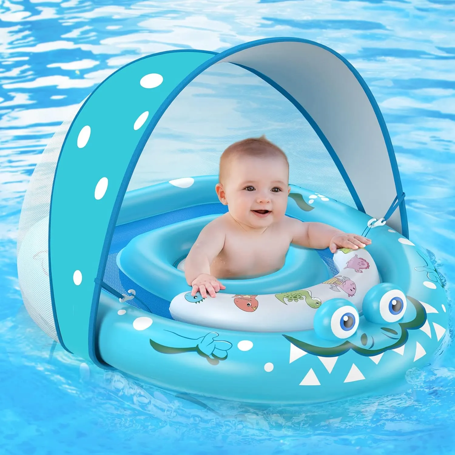 URMYWO Baby Pool Float with Removable UPF50  Sun Protection Canopy, Baby Floats for Pool 6-12-24 Months Infant Toddler, Durable Baby Swim Float with Adjustable Seat, Extra Wide, Breathable