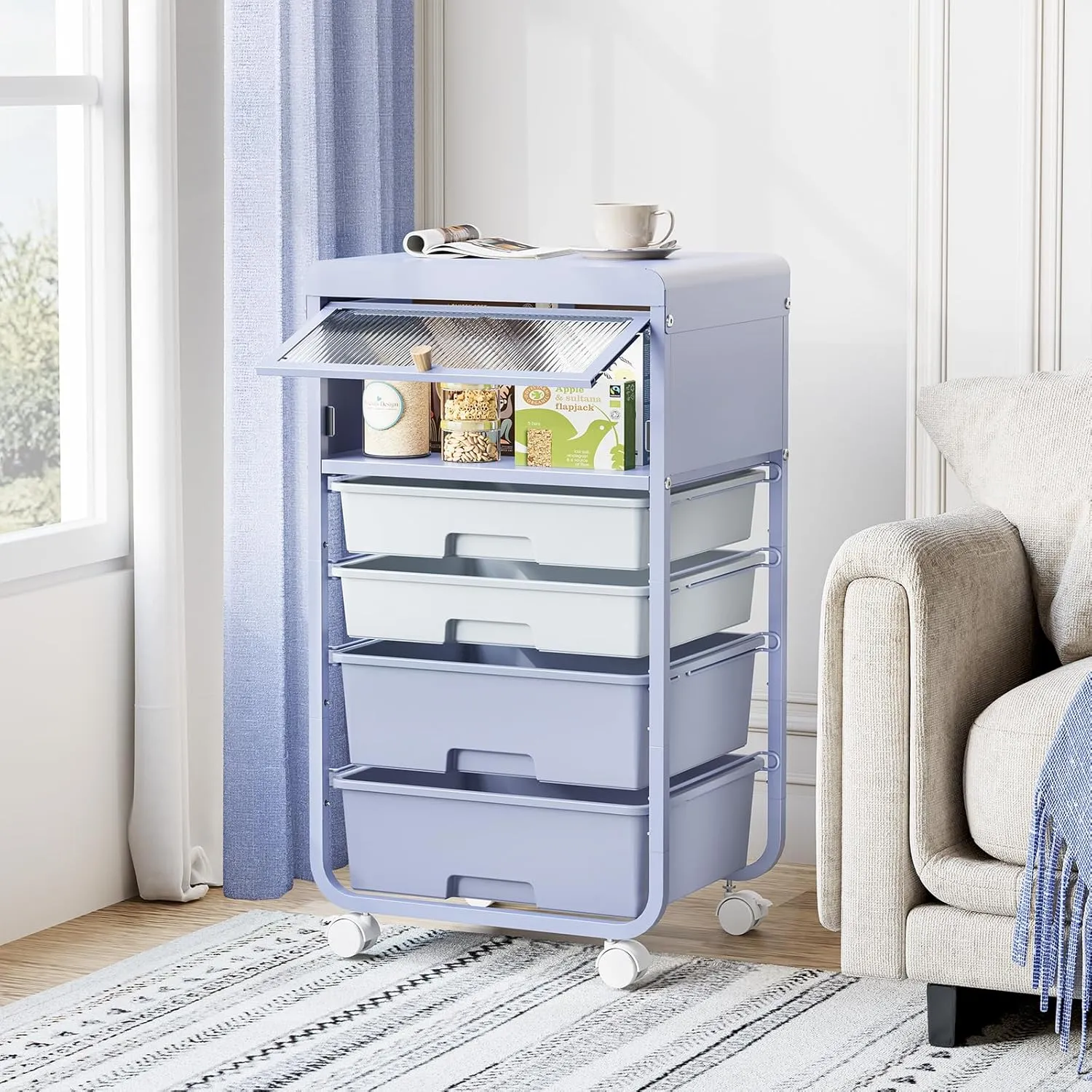 Utility Cart With 4 Drawers,Craft Cart,Storage Cart,Rolling Cart With Drawers,Cart With Drawers,Kids Craft Organizers And Storage With Flip-Up Drawer Door,Purple