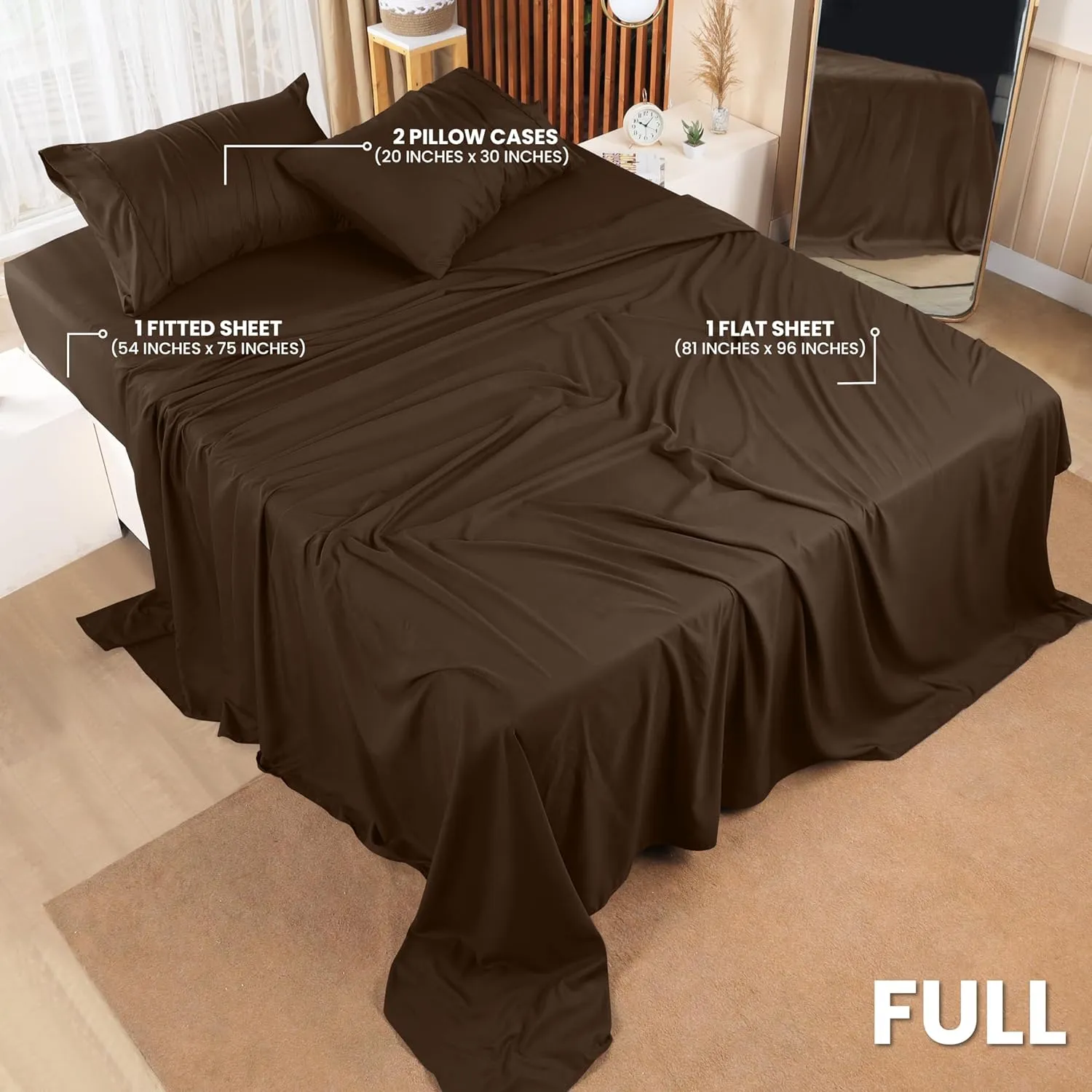 Utopia Bedding Full Sheet Set – 4 Piece Bed Sheets for Full Size Bed, Soft and Breathable Microfiber, Includes 1 Fitted Sheet, 1 Flat Sheet and 2 Pillowcases (Brown)