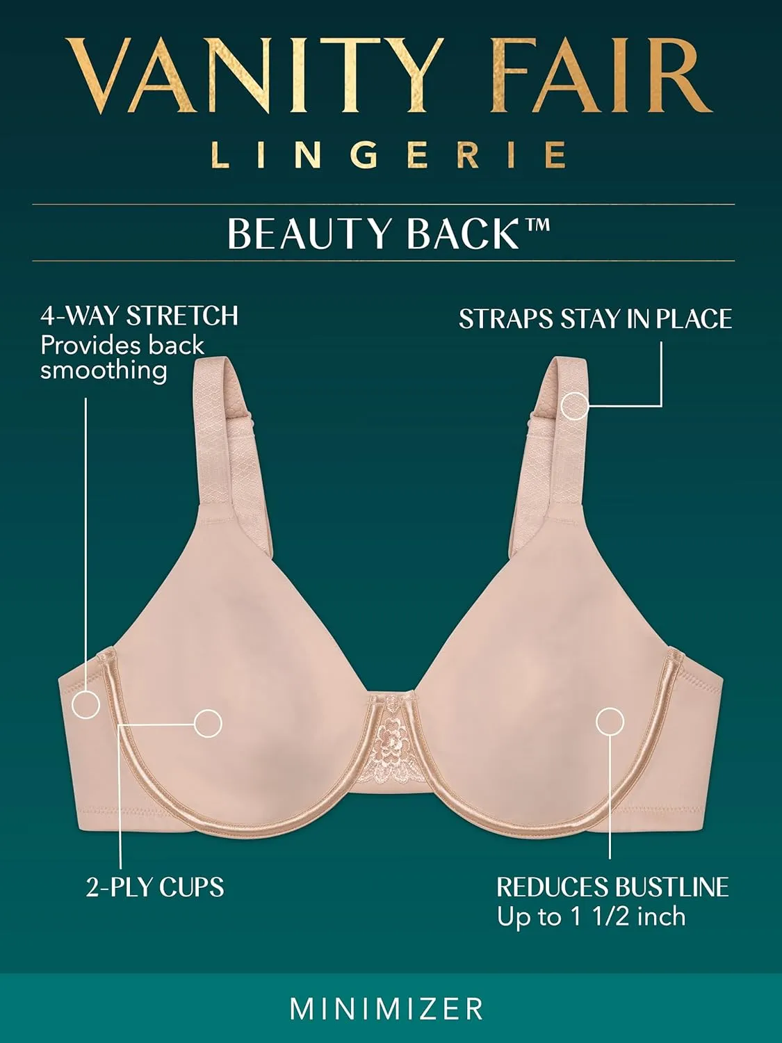 Vanity Fair Women's Beauty Back Smoothing Minimizer Bra, Minimizes Bust Line up to 1.5", Non Padded Cups up to H