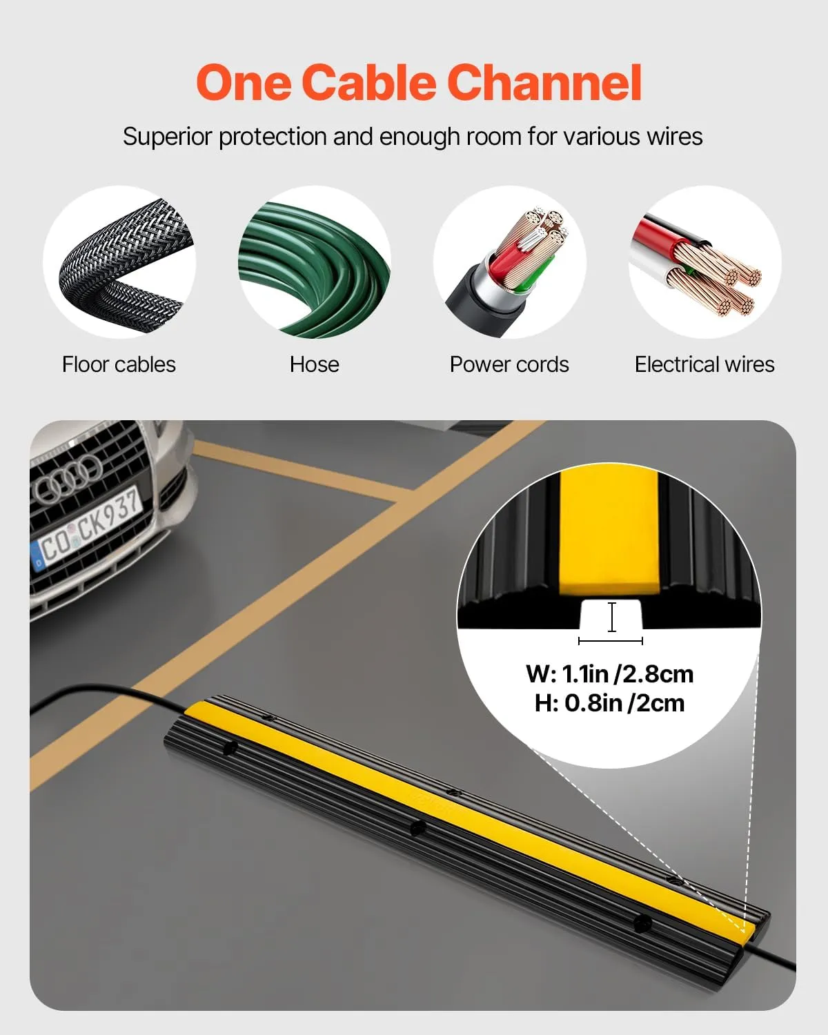 VEVOR 4 Pack of 1-Channel Rubber Cable Protector Ramps Heavy Duty 22046Lbs Load Capacity Cable Wire Cord Cover Ramp Speed Bump Driveway Hose Cable Ramp Protective Cover