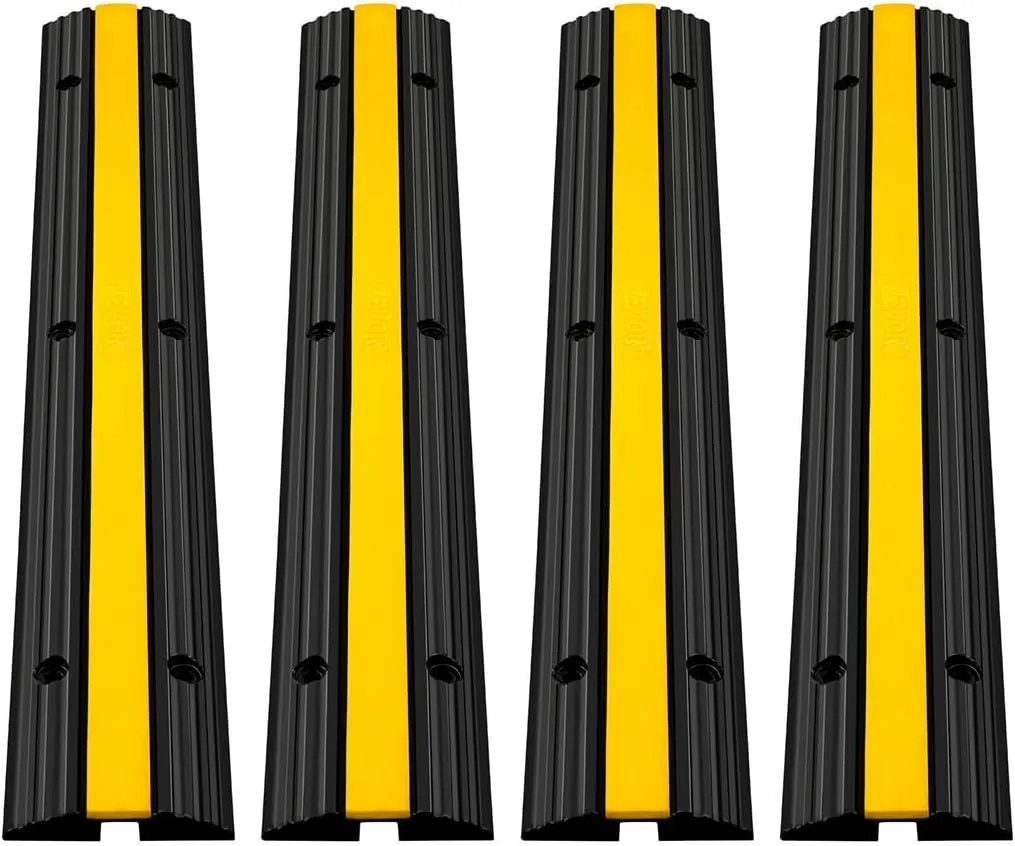 VEVOR 4 Pack of 1-Channel Rubber Cable Protector Ramps Heavy Duty 22046Lbs Load Capacity Cable Wire Cord Cover Ramp Speed Bump Driveway Hose Cable Ramp Protective Cover