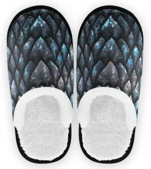 visesunny Cozy Fuzzy Plush Fleece Slippers for Women Men Blue Metallic Texture Dragon Scale Soft Memory Foam Ladies House Shoes Warm Bedroom Flat Shoe Indoor Outdoor