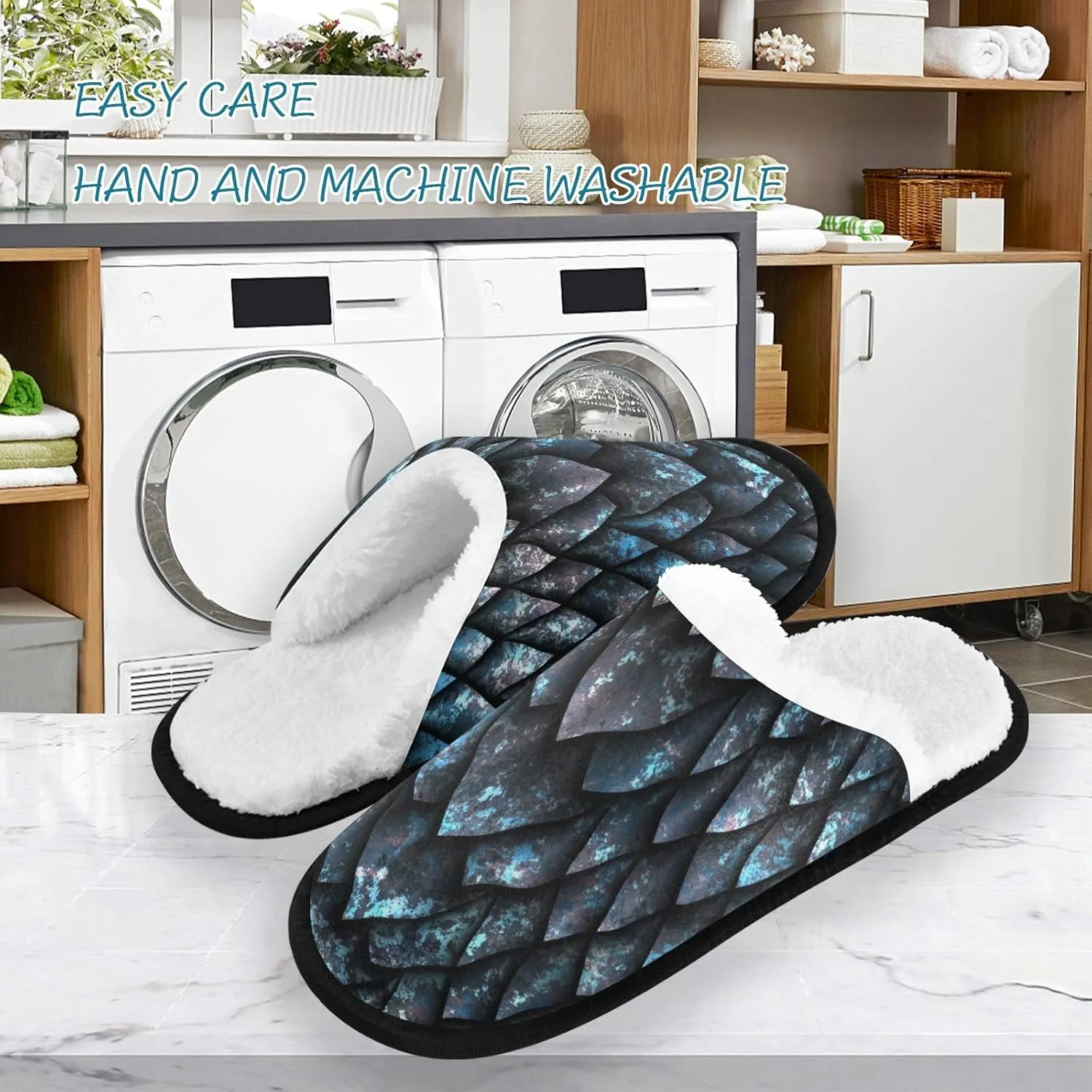 visesunny Cozy Fuzzy Plush Fleece Slippers for Women Men Blue Metallic Texture Dragon Scale Soft Memory Foam Ladies House Shoes Warm Bedroom Flat Shoe Indoor Outdoor