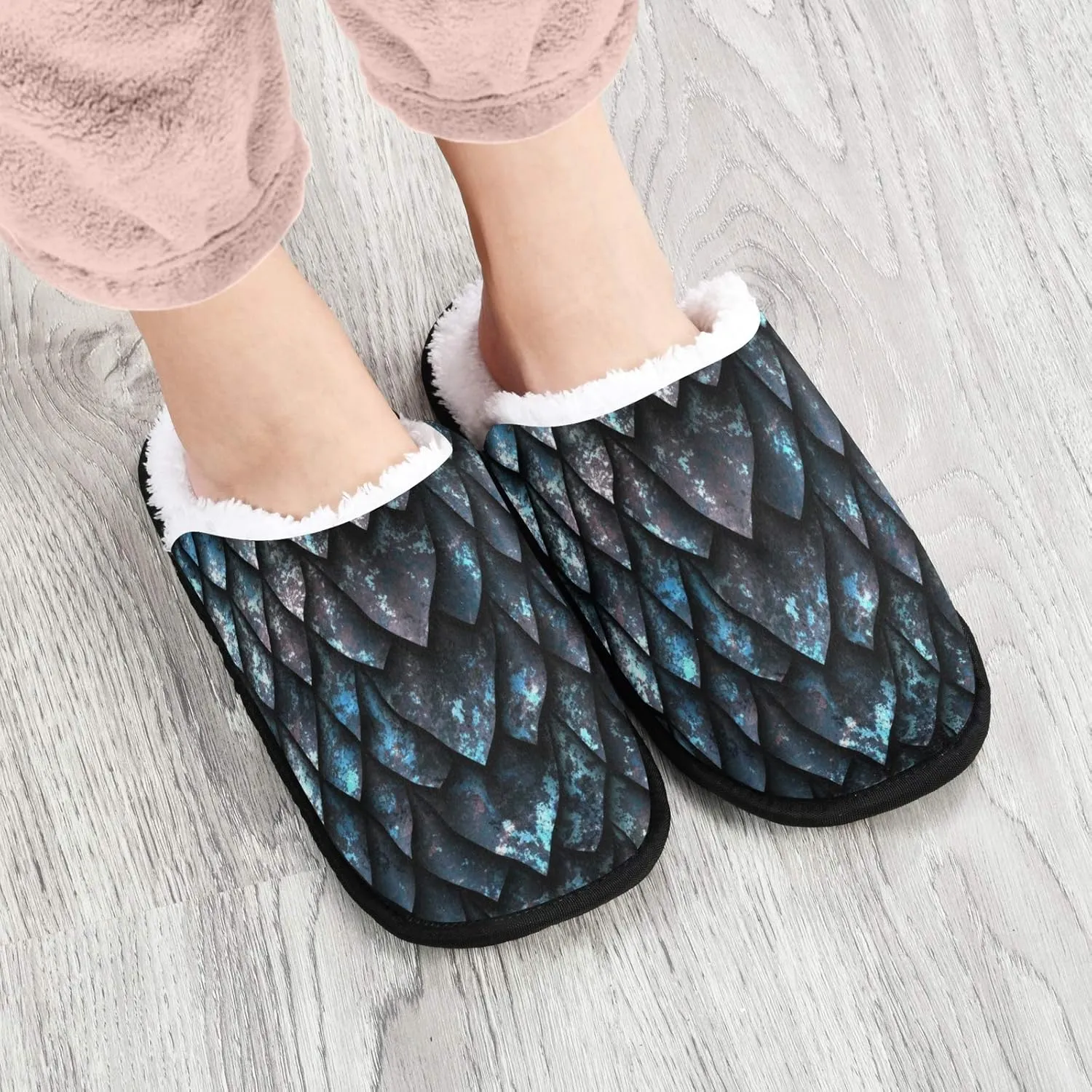 visesunny Cozy Fuzzy Plush Fleece Slippers for Women Men Blue Metallic Texture Dragon Scale Soft Memory Foam Ladies House Shoes Warm Bedroom Flat Shoe Indoor Outdoor