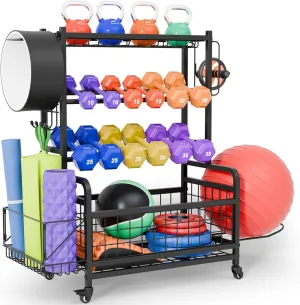Weight Storage Organizer Racks for Dumbbells, Kettlebells, Weight Plates, Home Gym Storage Rack for Yoga Mat Kettlebells and Strength Training Equipment with Wheels