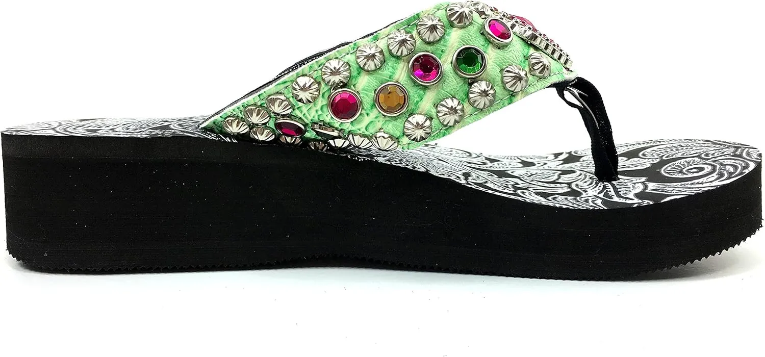 Western Peak Women's Rhinestone Diamond Concho and Studs Multicolor Pink and Green PU Sandal Flip Flop