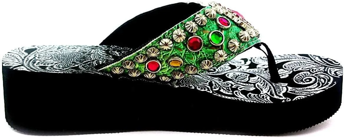 Western Peak Women's Rhinestone Diamond Concho and Studs Multicolor Pink and Green PU Sandal Flip Flop