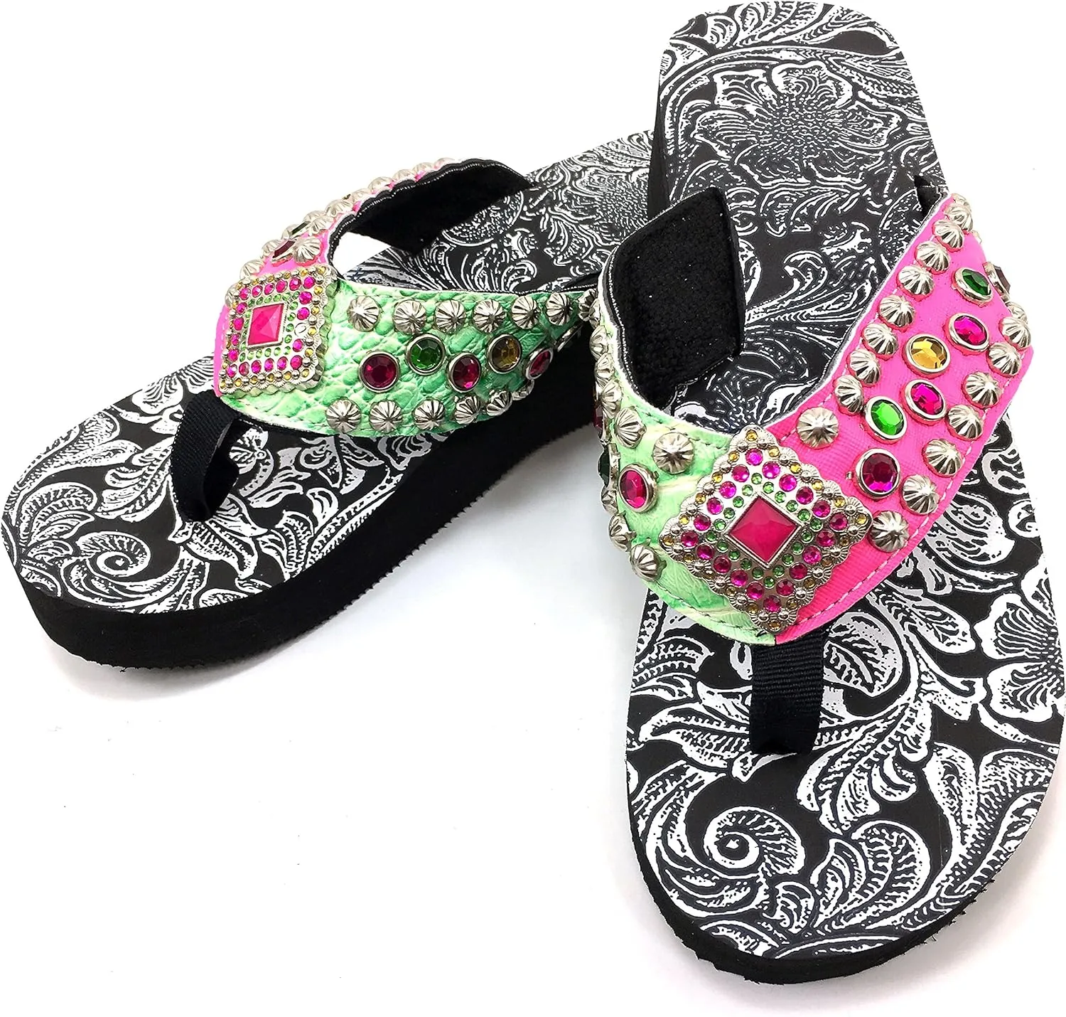Western Peak Women's Rhinestone Diamond Concho and Studs Multicolor Pink and Green PU Sandal Flip Flop