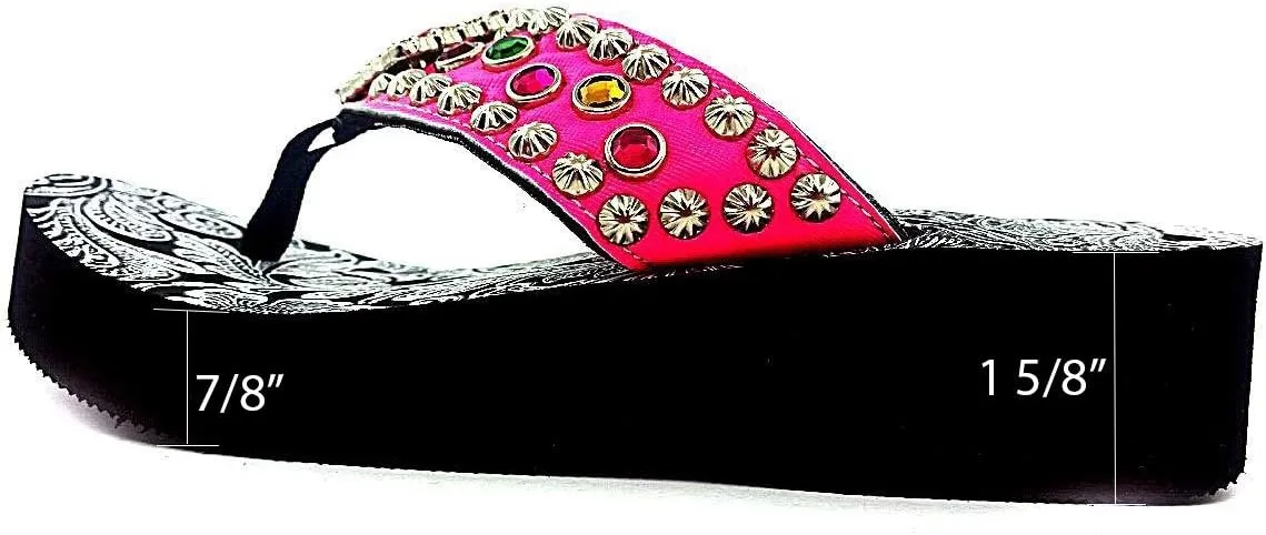 Western Peak Women's Rhinestone Diamond Concho and Studs Multicolor Pink and Green PU Sandal Flip Flop
