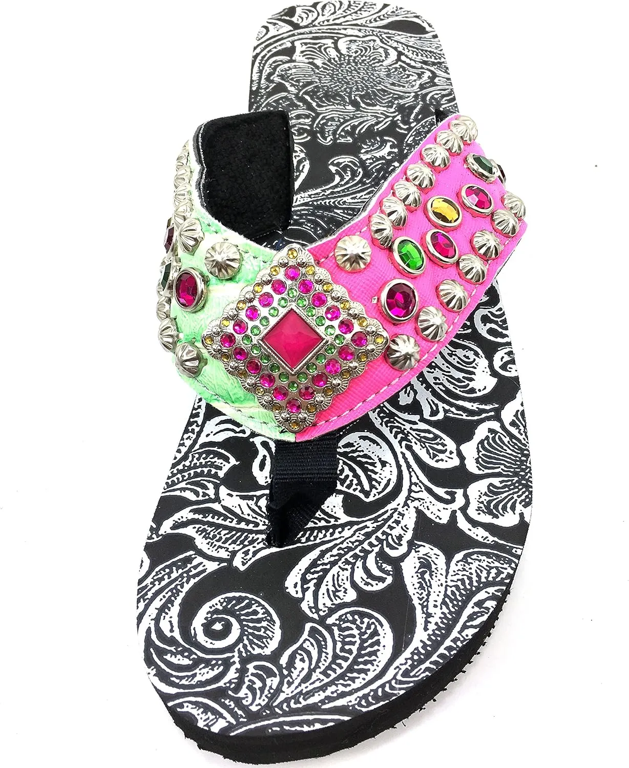 Western Peak Women's Rhinestone Diamond Concho and Studs Multicolor Pink and Green PU Sandal Flip Flop