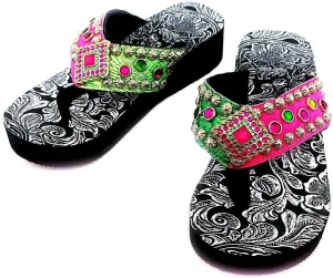 Western Peak Women's Rhinestone Diamond Concho and Studs Multicolor Pink and Green PU Sandal Flip Flop